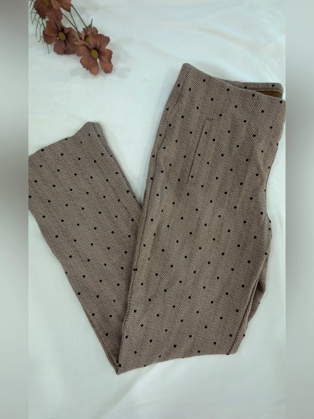 Chico's Tan Ankle Pants with Black Dot Pattern